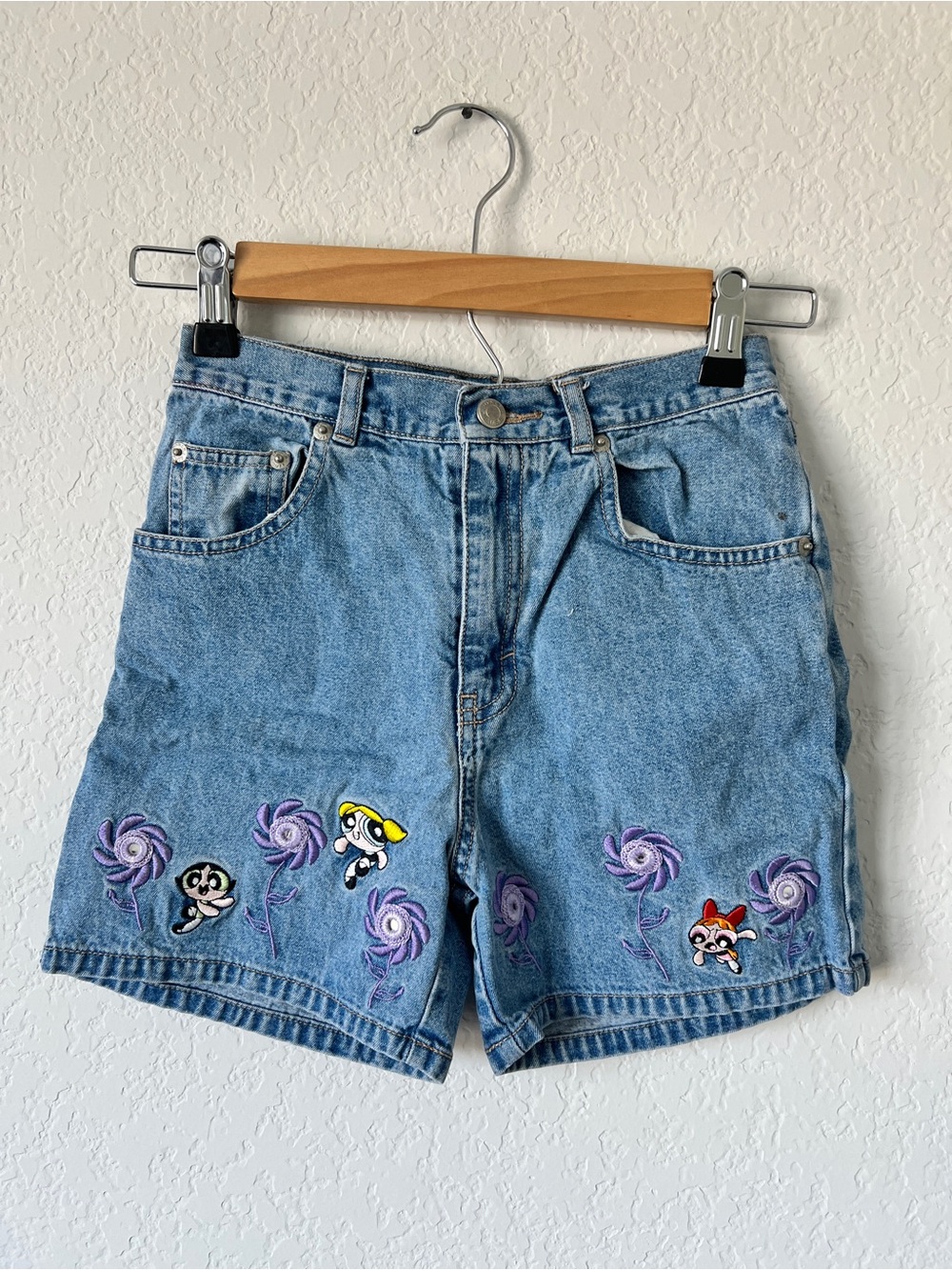 Vintage Power Puff Girls Denim Shorts with Purple Floral Embroidery